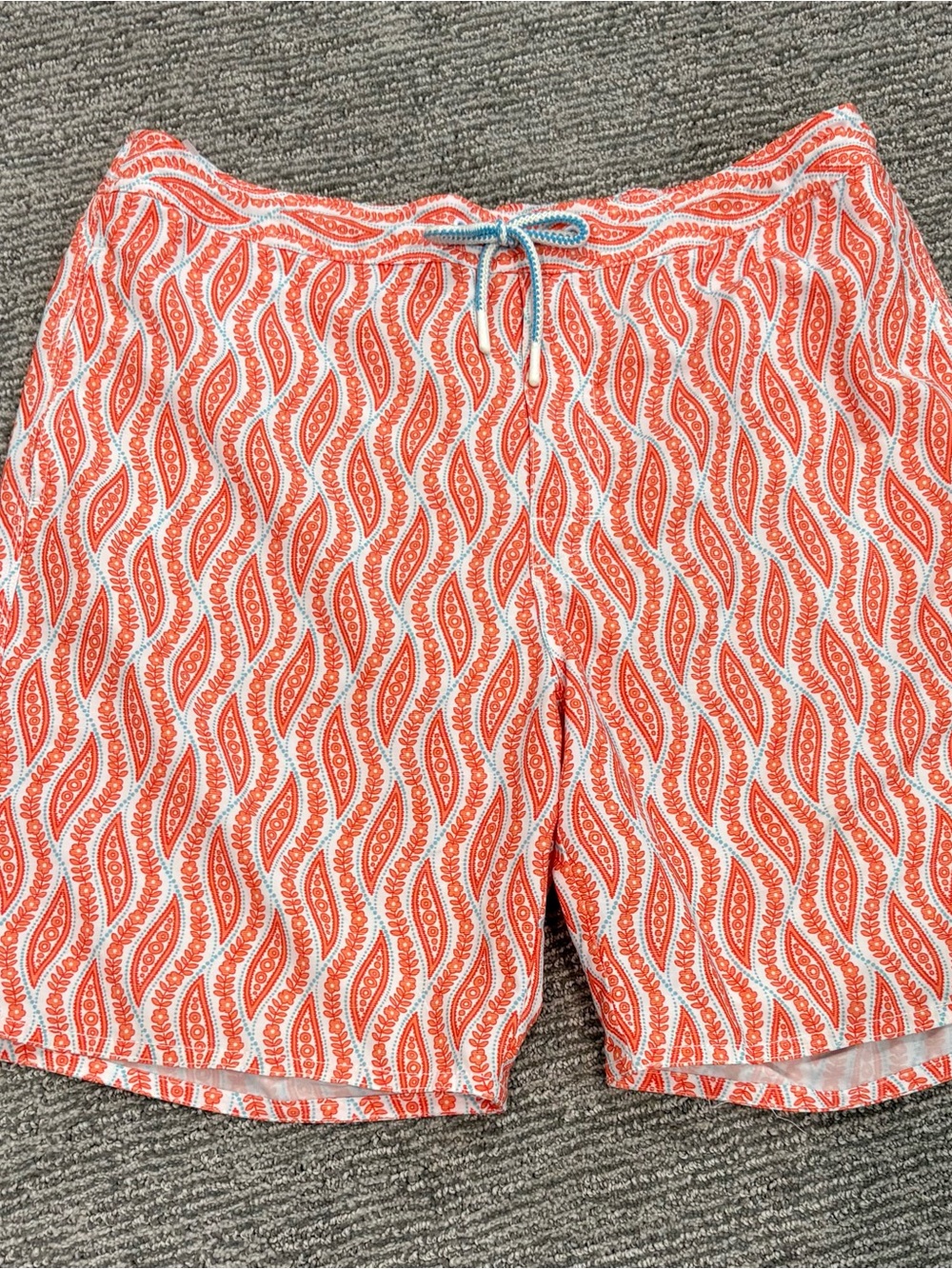 johnnie-O White Swim Shorts with Orange Paisley Print and Navy Label
